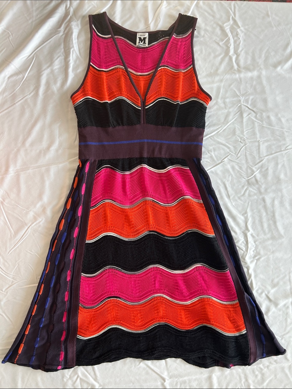 M by Missoni Pink, Orange, Cobalt & Black Wave Knit A-Line Dress Made in Italy